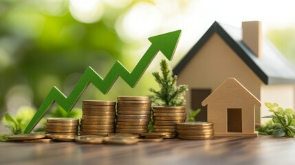 Aufkleber - A stack of coins grows taller beside a small wooden house, with a green upward arrow symbolizing rising property values.