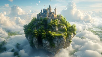 Poster - Storybook with a majestic castle rising from its pages surrounded by clouds trees and rivers in a fantasy landscape perfect for capturing the imagination on World Book Day
