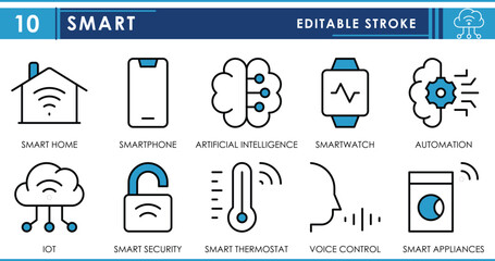 Fototapete - A set of line icons related to Smart. Smart home, IOT, smartphone, AI, Smartwatch, automation, and so on. Vector editable stroke.