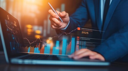 Poster - Businessman analyzing data with a pen on a laptop
