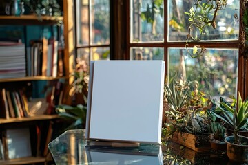 Blank Notebook on Glass Table by Window with Plants