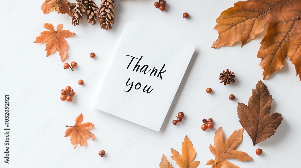 Autumn-themed thank you card surrounded by fallen leaves and pinecones ...