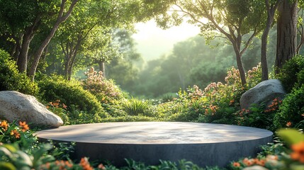 Poster - Striking 3D cylinder podium on a breathtaking green nature landscape perfect for a World Environment Day event surrounded by lush greenery and wildlife emphasizing the importance of conservation