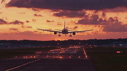 Airplane landing at sunset.