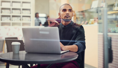 Sticker - Small business, man and thinking on laptop at cafe as store manager on internet or website for online orders. Male person, entrepreneur and serious at coffee shop with email, schedule and timesheet