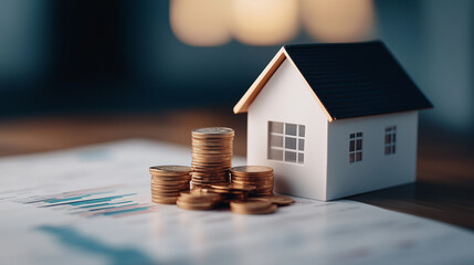 miniature house model sits beside stacks of coins on financial report, symbolizing investment and real estate growth. This captures essence of financial planning and property investment.