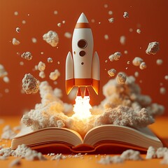 Poster - Striking 3D rendering of a rocket blasting off from an open book with a bold orange background representing energy and enthusiasm for learning on World Book Day