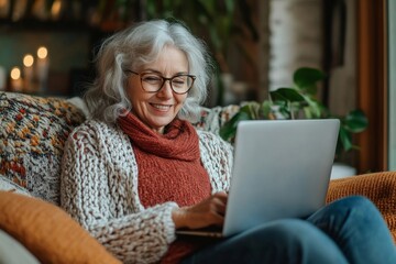 Smiling senior woman on sofa, enjoying laptop, browsing the web or making video call, adding happiness and tech to her home, Generative AI