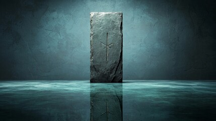 Stone Monolith with Carved Symbol on Blue Background