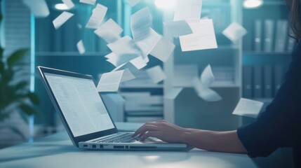 Poster - Woman Working on Laptop with Papers Flying Around