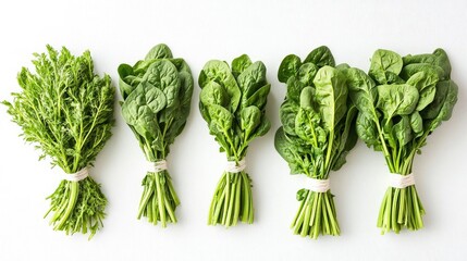 Fresh Bundles of Spinach Arranged Neatly on a White Background Generative AI