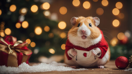 christmas hamster on the snow with presents