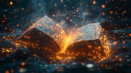 Poster - Stunning 3D rendering illustration celebrating World Book Day featuring an open book surrounded by ethereal light beams and abstract patterns evoking a sense of imagination and wonder
