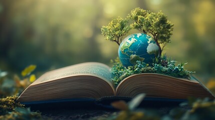 Poster - Stunning 3D illustration for World Book Day featuring a large open book with a vibrant globe and lush green trees growing from its pages symbolizing knowledge and environmental harmony