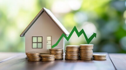 Poster - A miniature white house sits behind stacks of gold coins, with a green upward arrow pointing toward the sky. The coins signify rising costs, with the house representing the market.