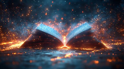 Poster - Stunning 3D rendering illustration celebrating World Book Day featuring an open book surrounded by ethereal light beams and abstract patterns evoking a sense of imagination and wonder