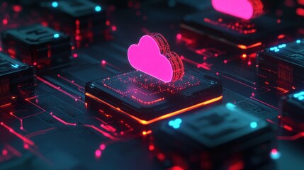 Poster - Cloud Computing Concept - Futuristic Circuit Board with Pink Cloud
