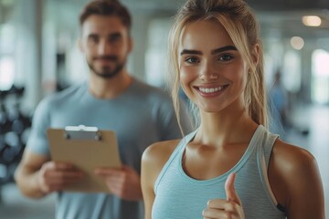 Happy young woman showing thumb up, male personal trainer holding clipboard, standing in gym and smiling at camera, Generative AI