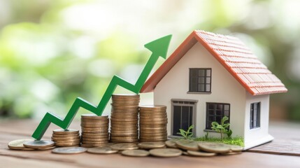 Aufkleber - A small model house sits on a wooden surface with stacks of gold coins in front of it. A green arrow symbolizing growth is behind the house and coins.