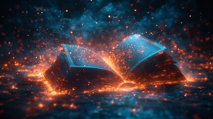 Poster - Stunning 3D rendering illustration celebrating World Book Day featuring an open book surrounded by ethereal light beams and abstract patterns evoking a sense of imagination and wonder
