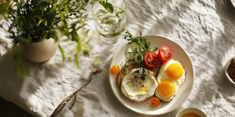 A delicious breakfast plate featuring fresh eggs, tomatoes, and herbs, set on a bright, rustic table.