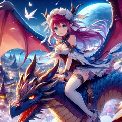 Wall Mural - anime girl riding a dragon in a fantasy world