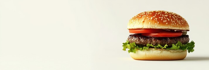 A delicious sesame seed burger with fresh lettuce, tomato, and juicy beef patty, perfect for food photography.