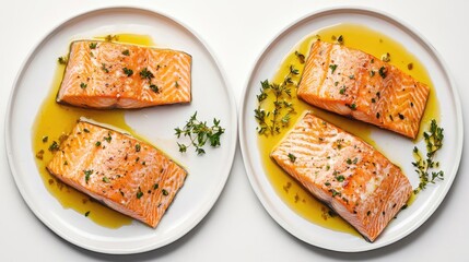 Poster - Baked Salmon Dishes Served on White Plates With Fresh Herbs Generative AI
