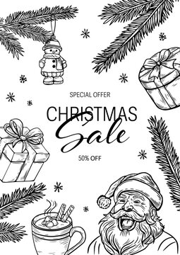 Christmas sale,black and white vintage style sketch, etching. Poster, banner.