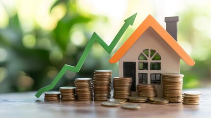 Aufkleber - A small model house sits next to increasing stacks of coins, illustrating the growth of real estate investment and financial success.