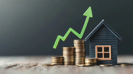 Aufkleber - A small model house sits beside a stack of gold coins. A green arrow points upward behind the house, representing the growth in value.