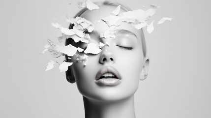 Sticker - Artistic portrait featuring a woman with closed eyes and paper fragments floating around her head in a monochrome setting