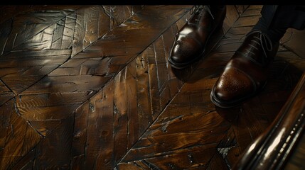 Two Brown Leather Oxfords on a Dark Wooden Floor