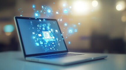 Poster - Laptop with glowing digital icons