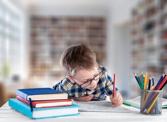 Sticker - Child study in school library. School education