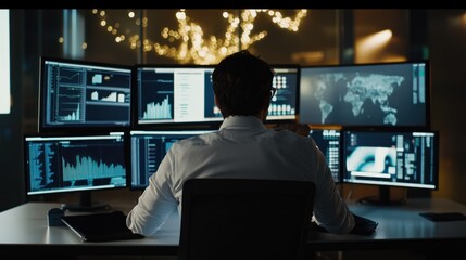 Poster - Man Working with Multiple Monitors in Dark Office