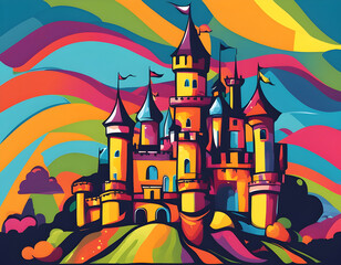 colorful castle with cool isolated pop art style background