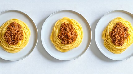 Poster - Three Plates of Spaghetti Bolognese Served on a White Table Generative AI