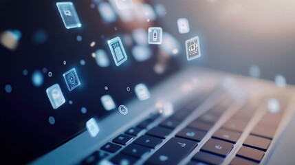 Poster - Digital icons floating above a laptop keyboard