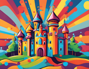 colorful castle with cool isolated pop art style background