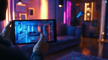 Poster - A person interacts with augmented reality on a tablet, showcasing a digitally rendered living room with bright lighting. The cozy space features a sofa and decorative elements in the evening glow.