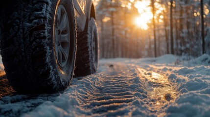 Poster - A vehicle traverses a snow-covered road, leaving distinct tracks as the sun sets behind trees. The scene captures the serene beauty of winter in a forest setting.