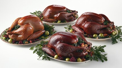 Poster - Roasted Turkeys Beautifully Arranged on Plates for Holiday Gathering Generative AI