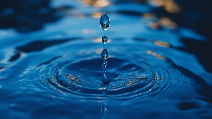 Poster - Stunning realistic depiction of a single water droplet falling into a vibrant blue sea creating mesmerizing ripples and capturing the essence of World Water Day in a serene natural setting