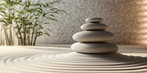 Wall Mural - Zen garden with stacked stones and raked sand.