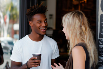 A man and a woman are smiling at each other while holding cups. The man is holding a coffee cup and the woman is holding a cup of tea. They seem to be enjoying each other's company