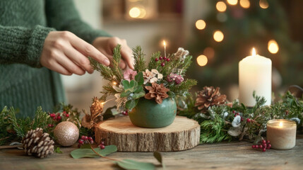 People making DIY Christmas decorations with natural materials, fostering eco-friendly holiday spirit at home. Eco-conscious holiday crafting.