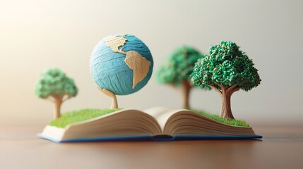 Poster - Stylish 3D illustration for World Book Day featuring an open book with a globe and simple tree shapes placed on a soft white background creating a serene and inviting atmosphere for learning