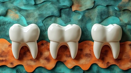 Poster - Stylized topview image of white paper teeth on a green and orange background representing the importance of dental health Room for text on the right for awareness campaigns or dental clinic promotions