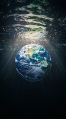 Wall Mural - earth suspended in space, bathed in sunbeams, illuminating continents. feel wonder at universe's mag